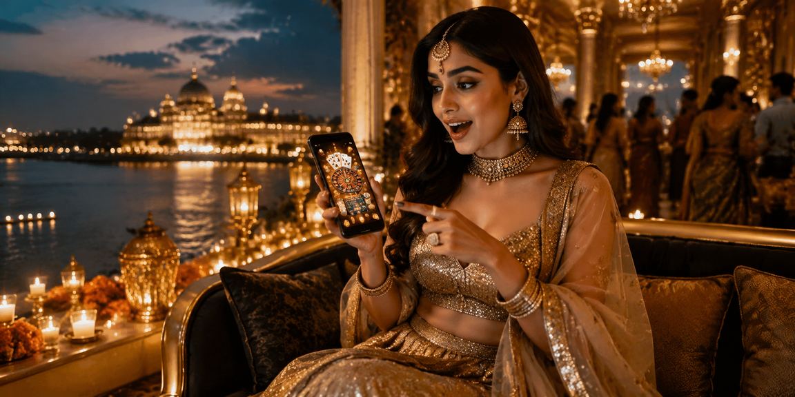 Indian woman using casino app on mobile in traditional lehenga