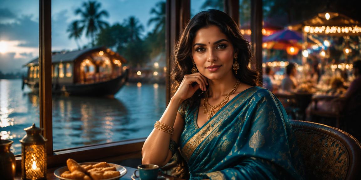Woman with mobile phone enjoying sports betting in Kerala backwaters